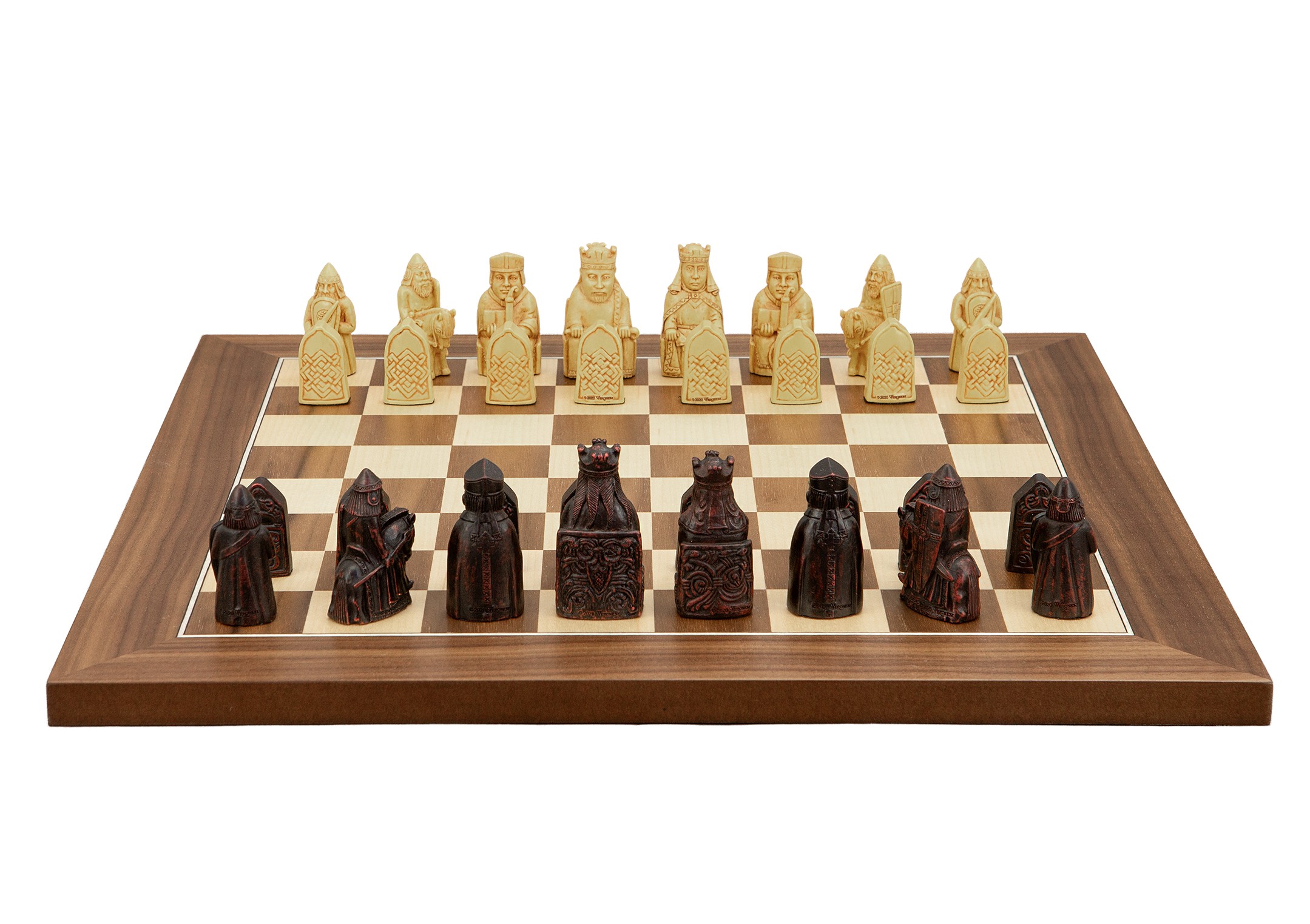 Dal Rossi Italy Isle of Lewis Chess Set on a Walnut Inlaid Chess Board 40cm