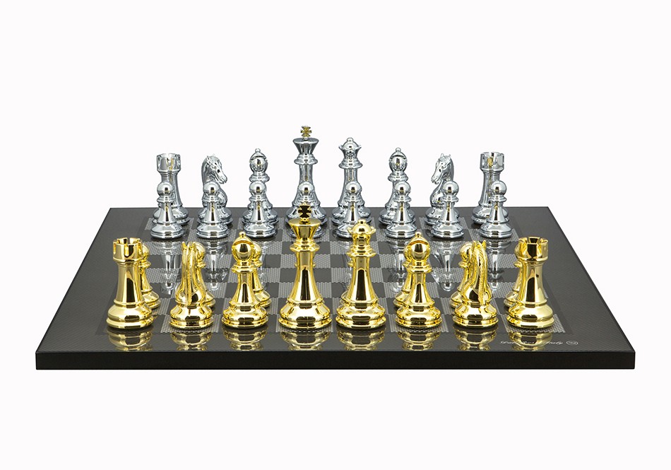Dal Rossi Italy Gold / Silver Chess Pieces on Carbon Fibre Finish Chess Board 50cm