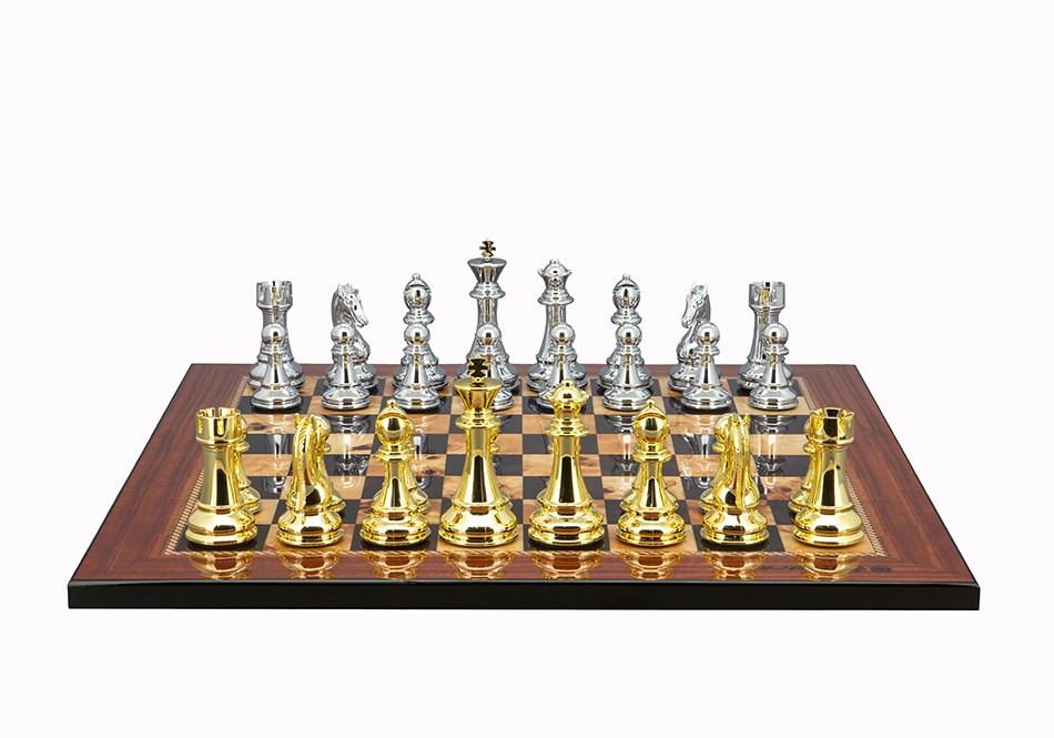 Dal Rossi Italy Gold & Silver Chess Pieces on Walnut Shiny Finish Chess Board 20”