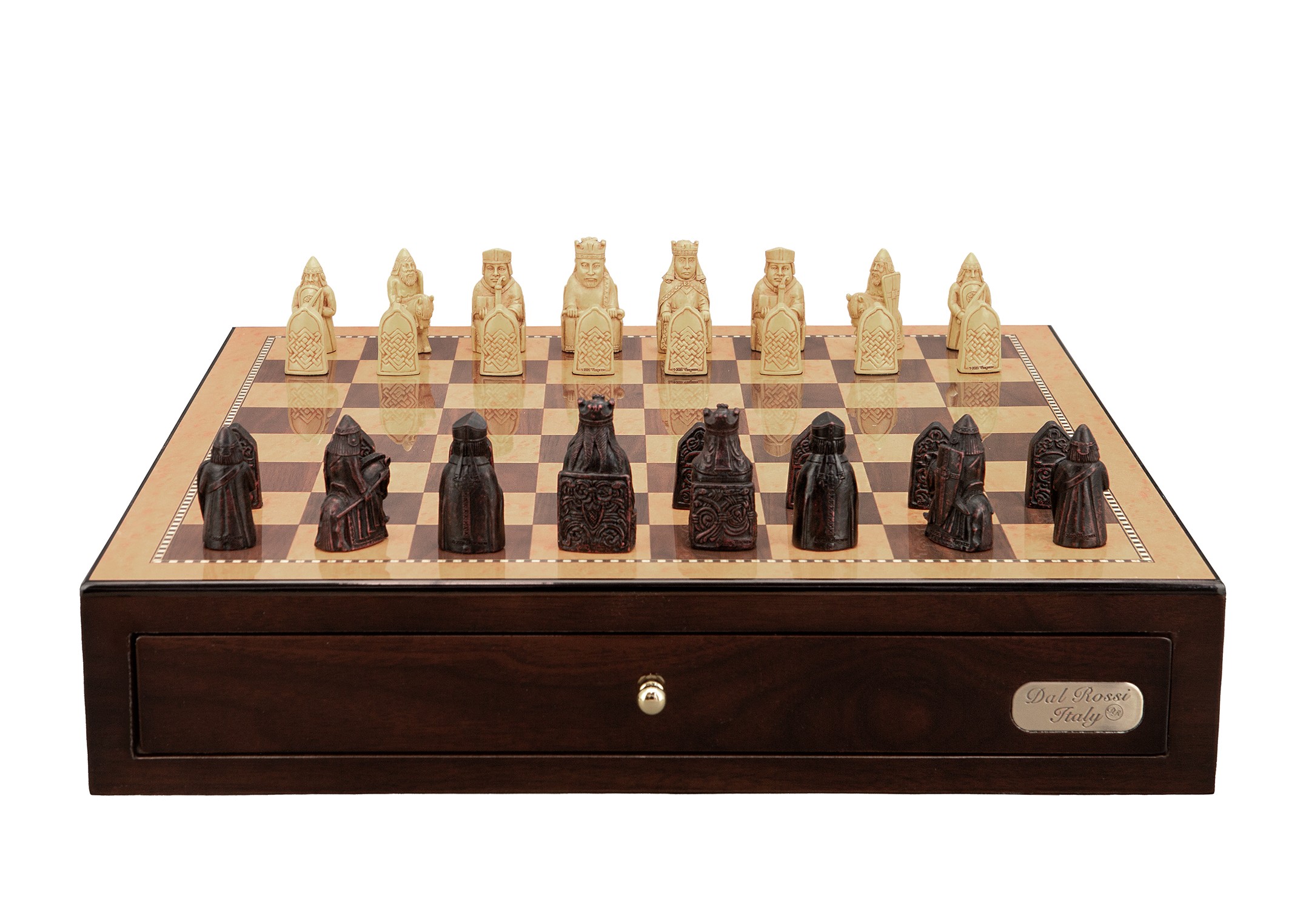 Dal Rossi Italy Isle of Lewis Chess Set on a Shiny Walnut Chess Box with Drawers 18" 