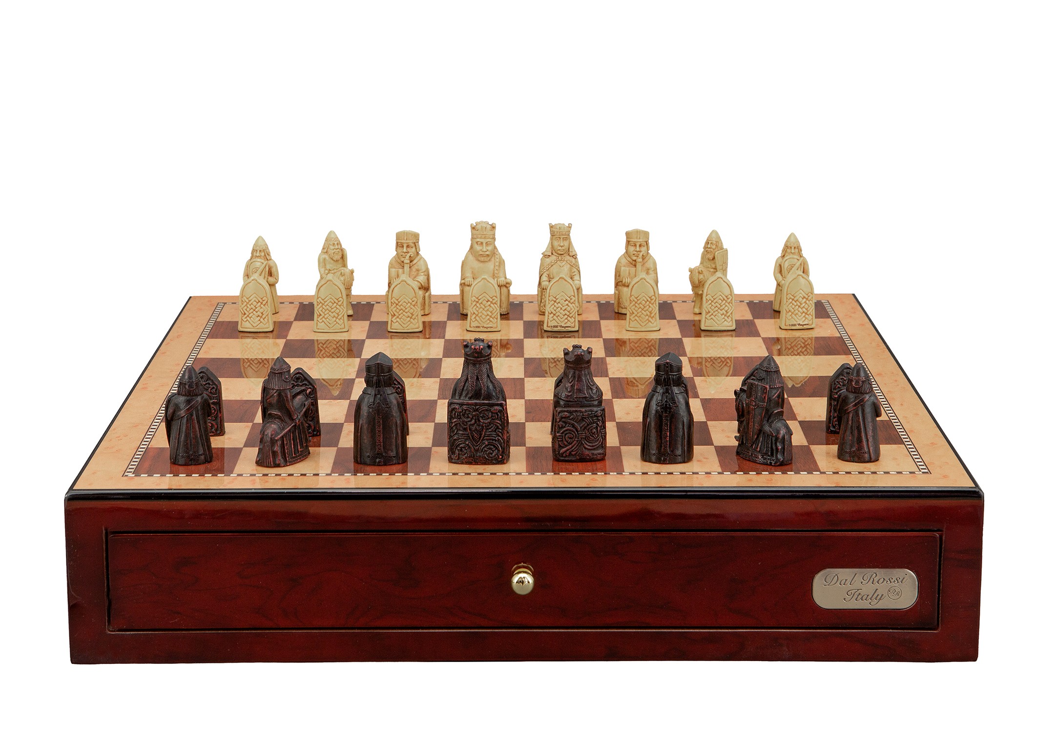 Dal Rossi Italy Isle of Lewis Chess Set on a Shiny Mahogany Chess Box with Drawers 18" 