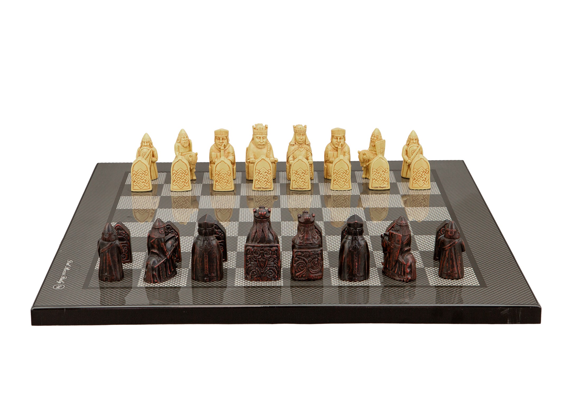Dal Rossi Italy Isle of Lewis Chess Set on a Carbon Fibre Shiny Finish Chess Board 40cm