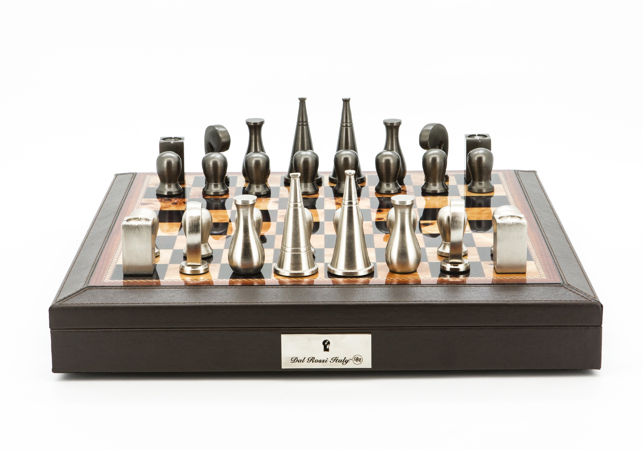 Dal Rossi Italy Chess Set 18” Brown with PU Leather Edge with compartments, With Metal Dark Titanium and Silver 90mm Chessmen