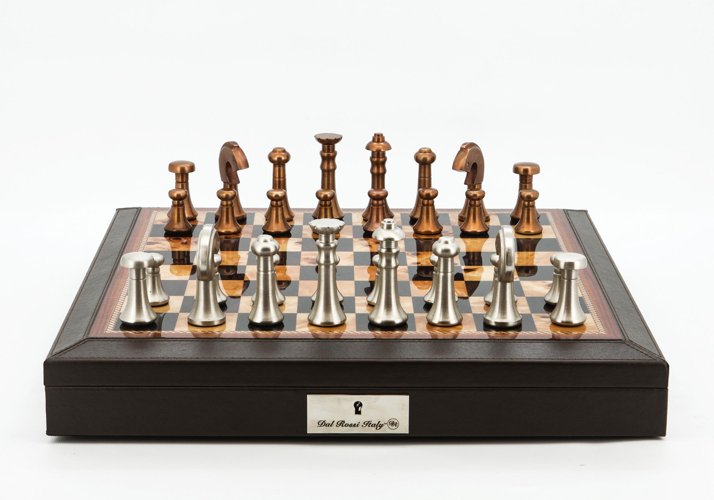 Dal Rossi Italy Chess Set 18” Brown with PU Leather Bevelled Edge with compartments, With Metal Copper and silver Chessmen 80mm