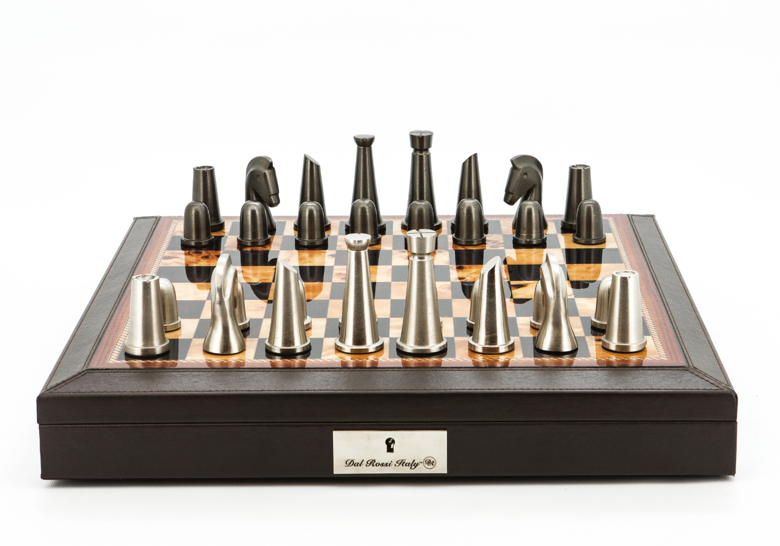 Dal Rossi Italy Chess Set 18” Brown with PU Leather Edge with compartments, With Metal Dark Titanium and Silver chessmen 85mm