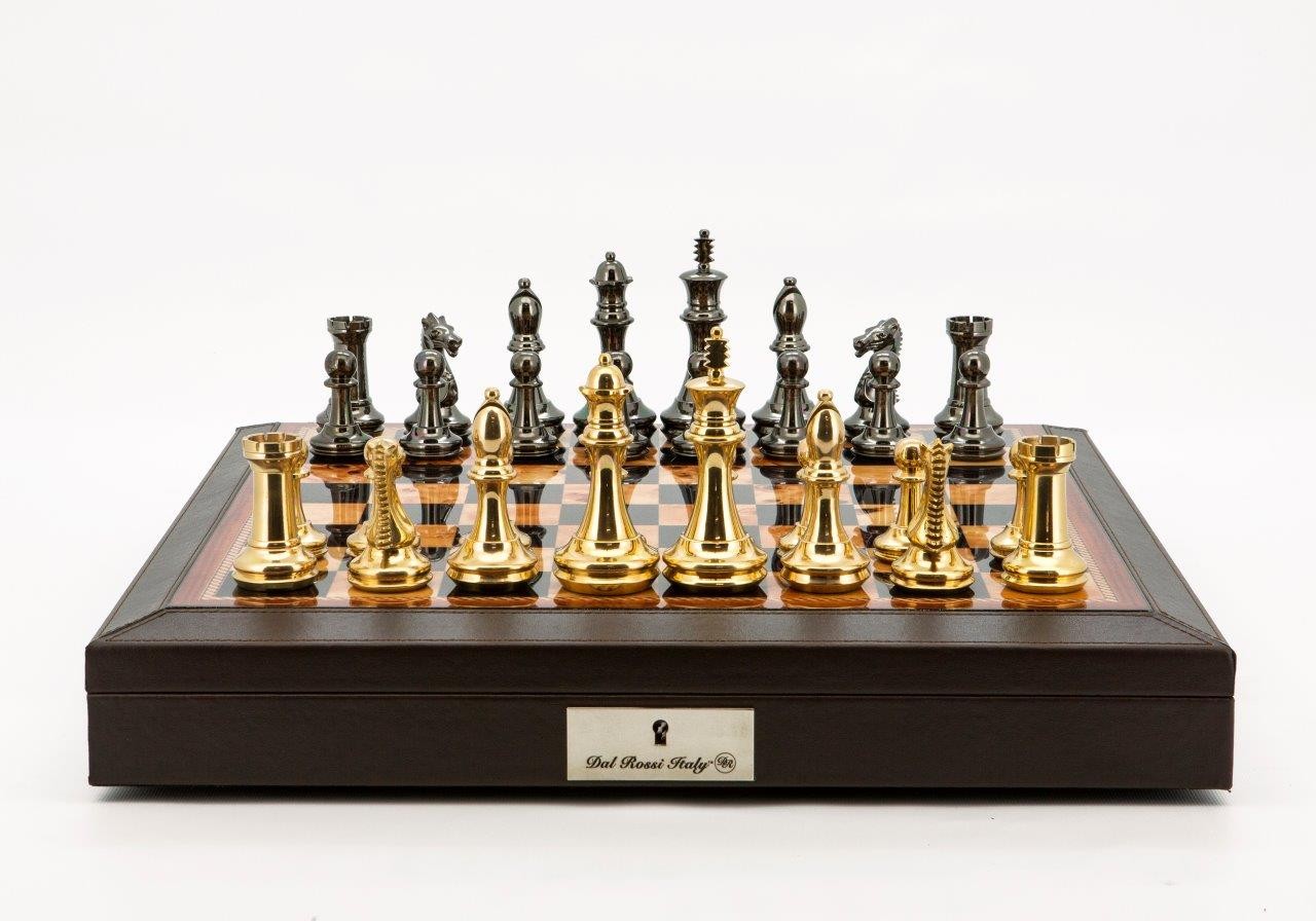 Dal Rossi Italy Chess Set 18" Brown and White with PU Leather Brown Edge with compartments, With Very Heavy Brass Staunton Gold and Silver chessmen 110mm 