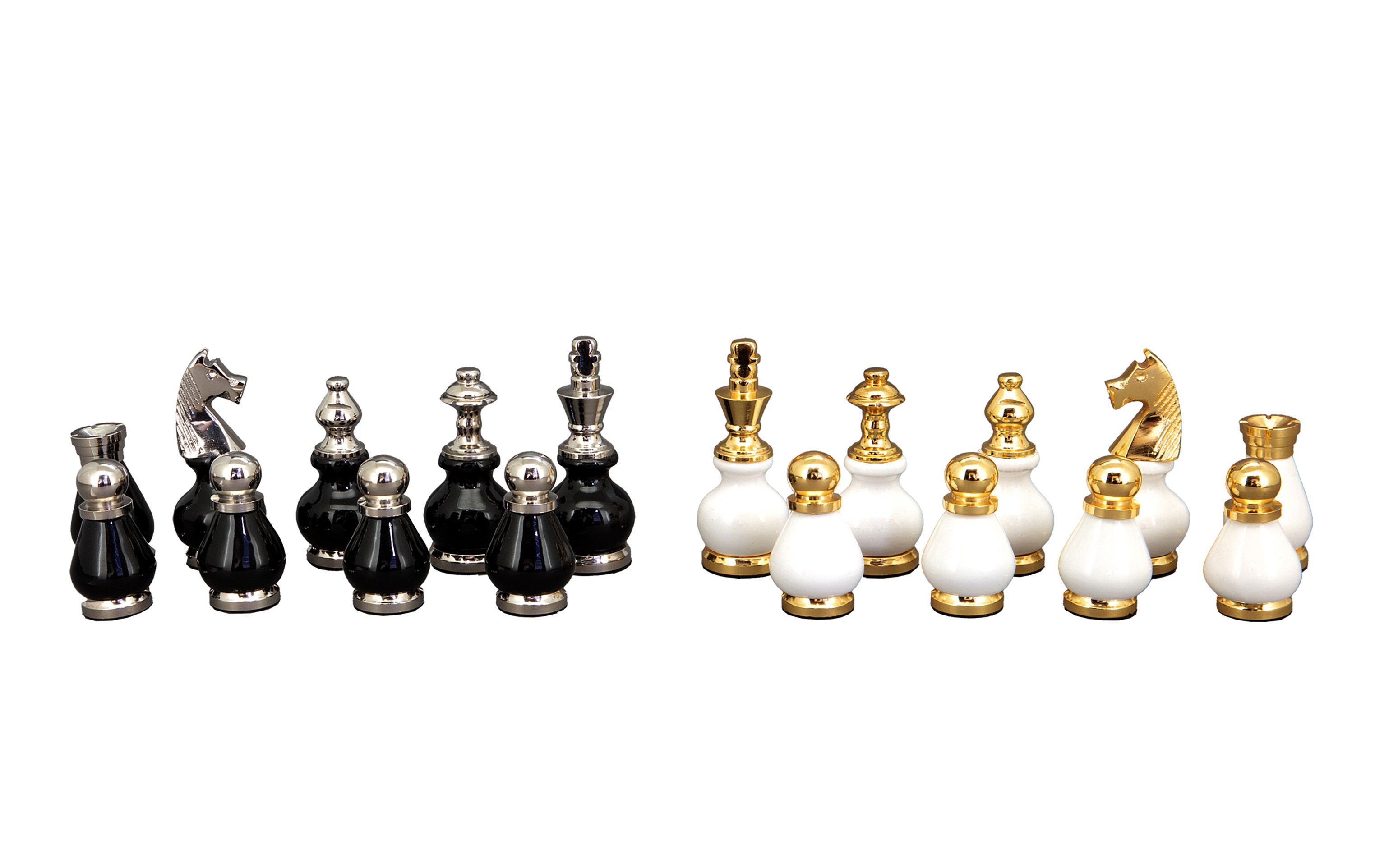 Dal Rossi Italy, Black and White with Gold and Silver Tops and Bottoms Chessmen 90mm