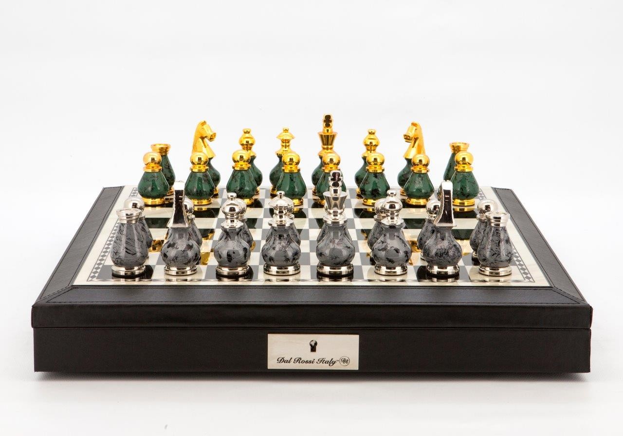Dal Rossi Italy Chess Set 18” Black and White with PU Leather Black Edge with compartments, With Gray and Green Gold and Silver Metal Tops and Bottoms Chess Pieces 90mms