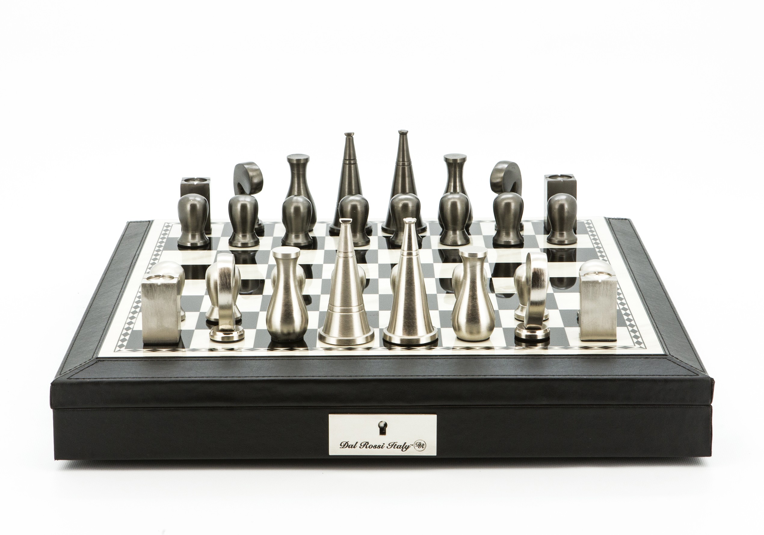 Dal Rossi Italy Chess Set 18” Black and White, With Black PU Leather Bevelled Edge with compartments, With Metal Dark Titanium and Silver 90mm Chessmen