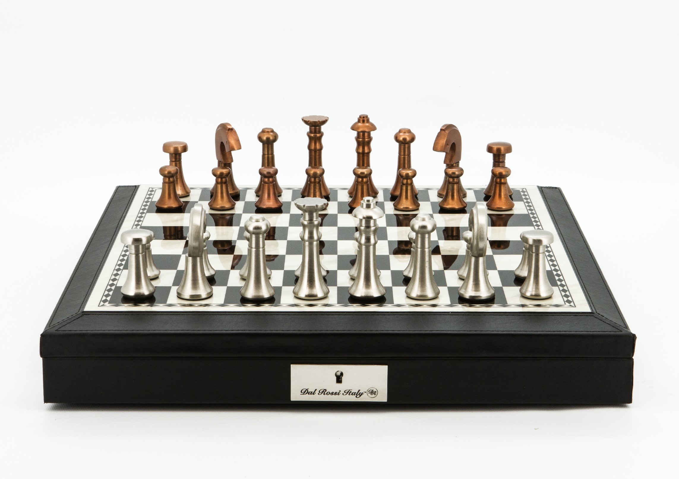 Dal Rossi Italy Chess Set 18” Black and White, With Black PU Leather Bevelled Edge with compartments, With Metal Copper and silver Chessmen 80mm