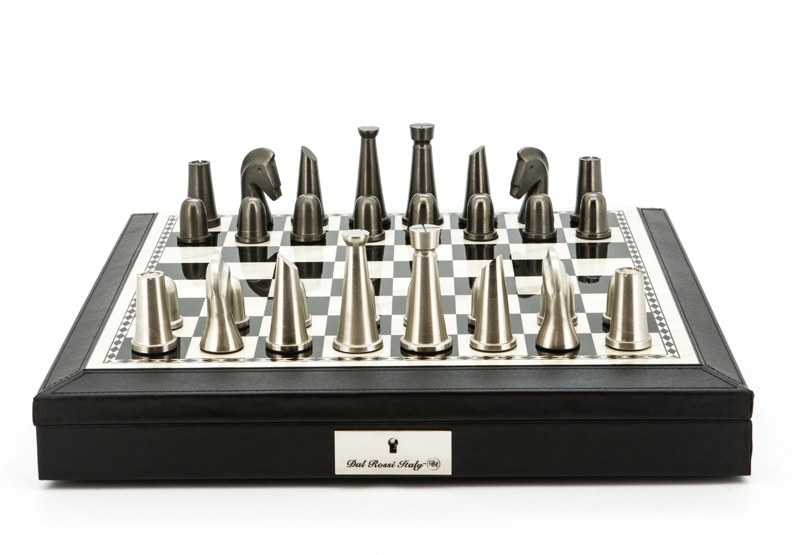 Dal Rossi Italy Chess Set 18” Black and White with Black PU Leather Edge with compartments, With Metal Dark Titanium and Silver chessmen 85mm