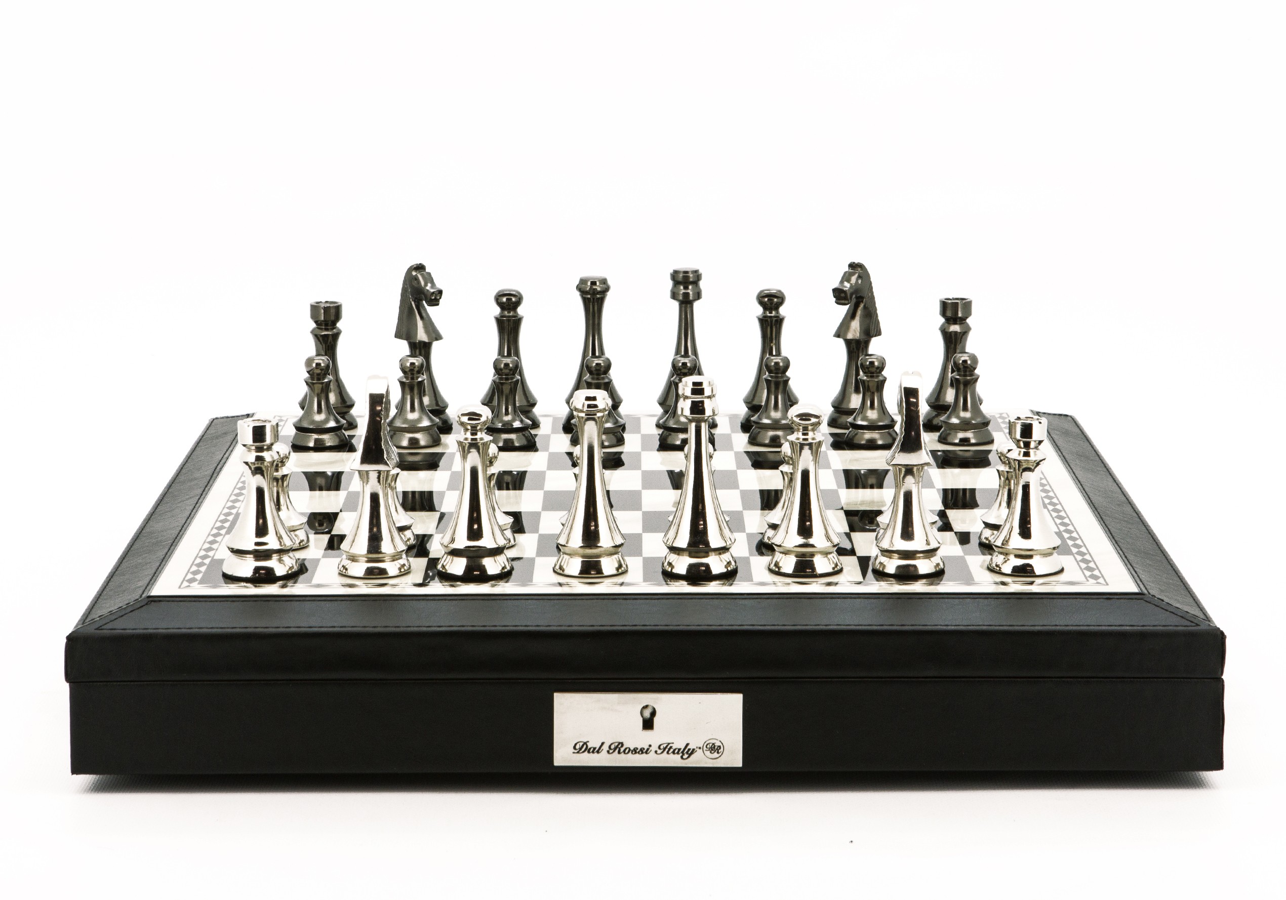 Dal Rossi Italy Chess Set 18” Black and White with Black PU Leather Edge with compartments, With Metal Dark Titanium and Silver chessmen 85mm