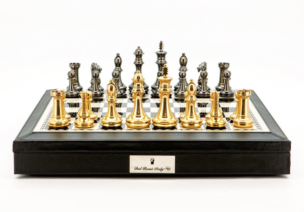 Dal Rossi Italy Chess Set 18" Black and White with PU Leather Black Edge with compartments, With Very Heavy Brass Staunton Gold and Silver chessmen 110mm 