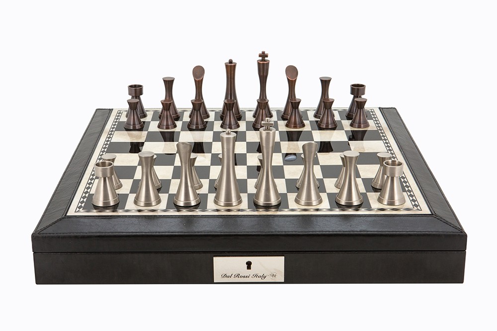 Dal Rossi Italy Black PU Leather Bevilled Edge chess box with compartments 18" with Contemporary Metal Chessmen