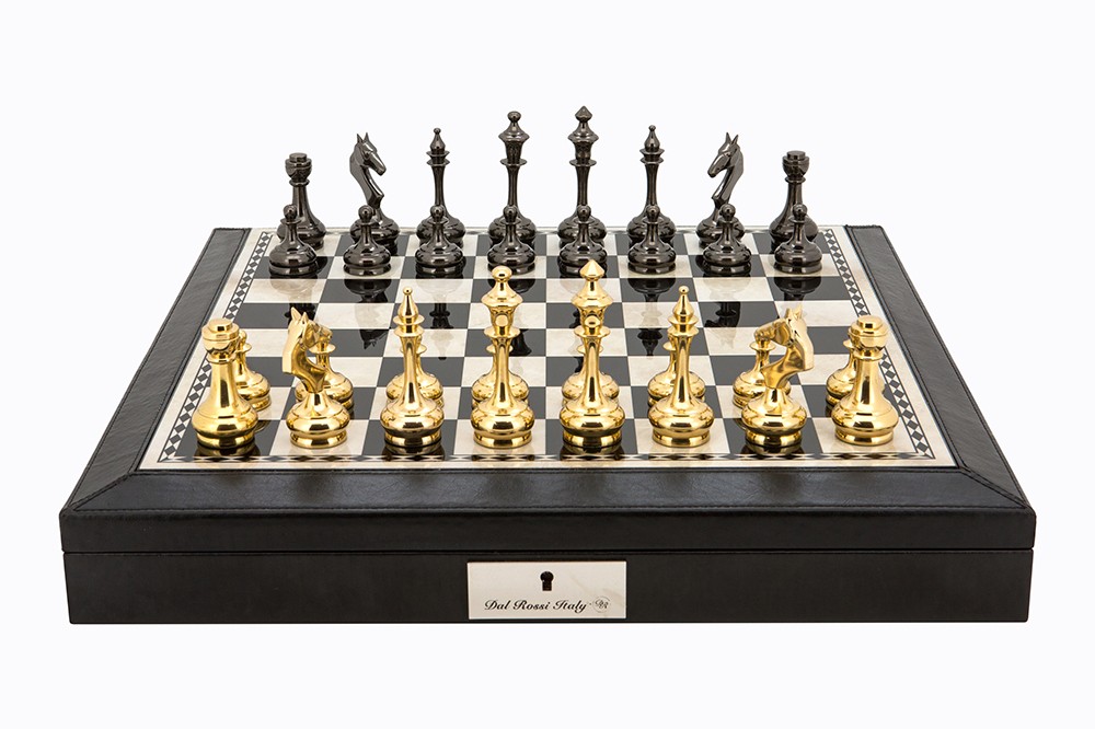 Dal Rossi Italy Black PU Leather Bevilled Edge chess box with compartments 18" with Staunton Brass Titanium Cap Chessmen