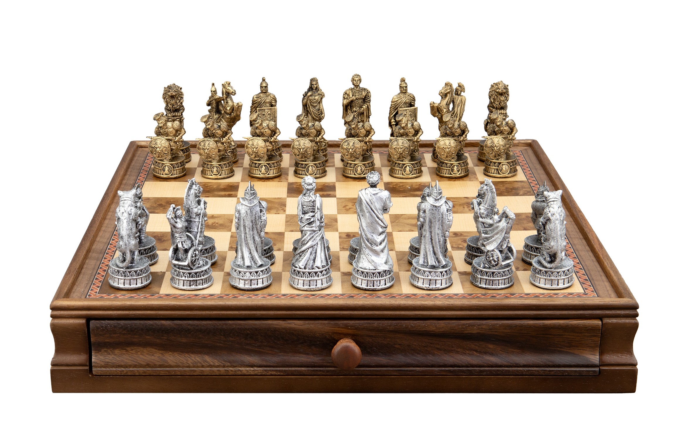 Dal Rossi Italy Roman Chessmen on a Walnut Box with Drawer 15"
