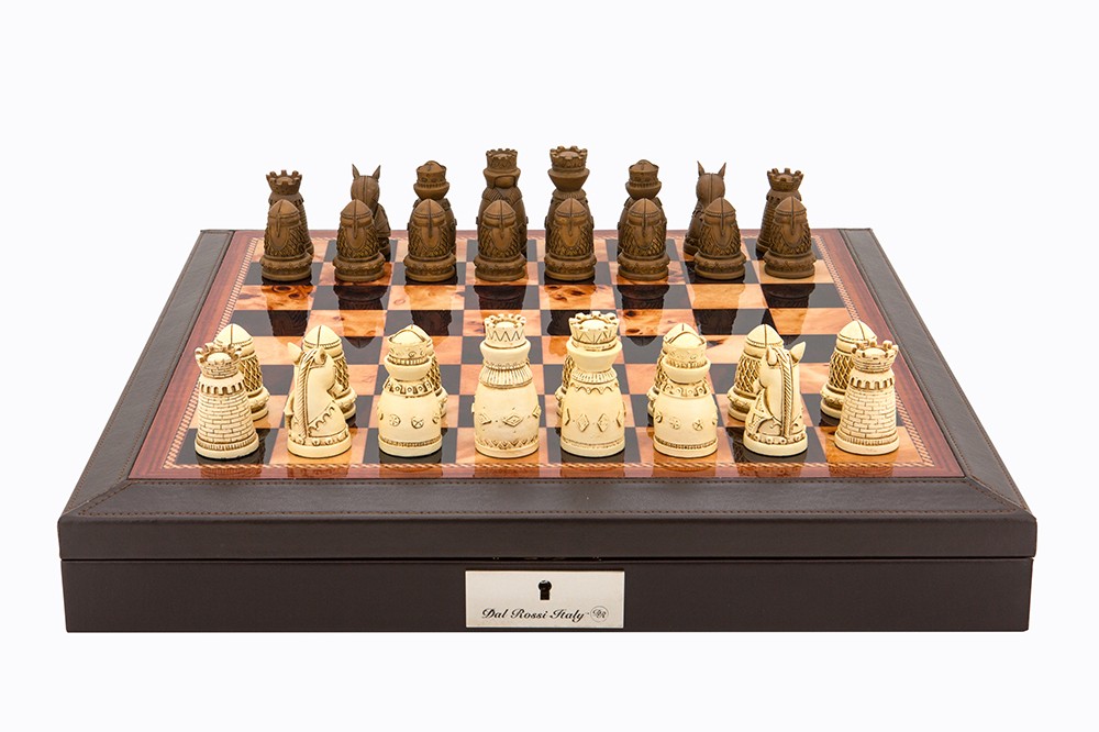 Dal Rossi Italy Brown PU Leather Bevilled Edge chess box with compartments 18" with Medieval Resin Chessmen