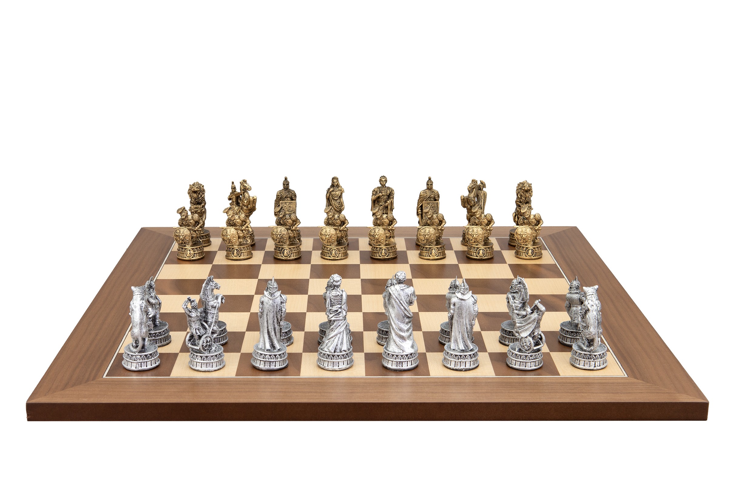 Dal Rossi Italy Roman Chessmen  on a Walnut Inlaid, 50cm Chess Board