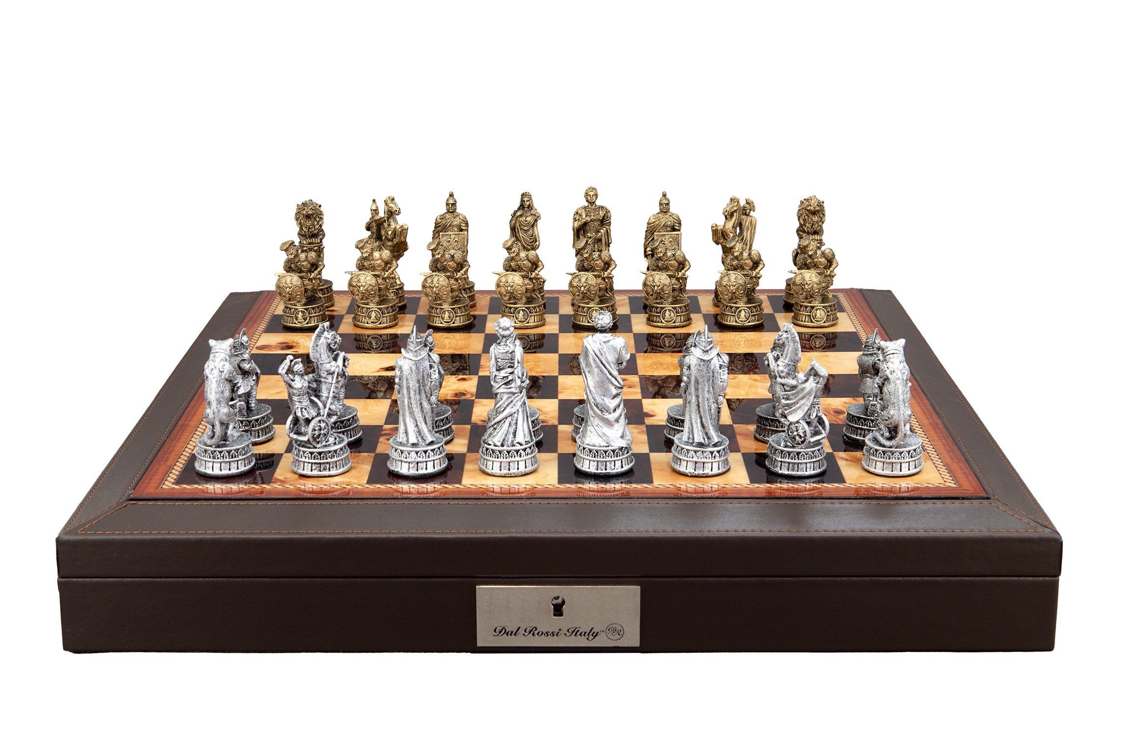 Dal Rossi Italy Roman Chessmen on a Brown PU Leather Bevelled Edge chess box with compartments 18"