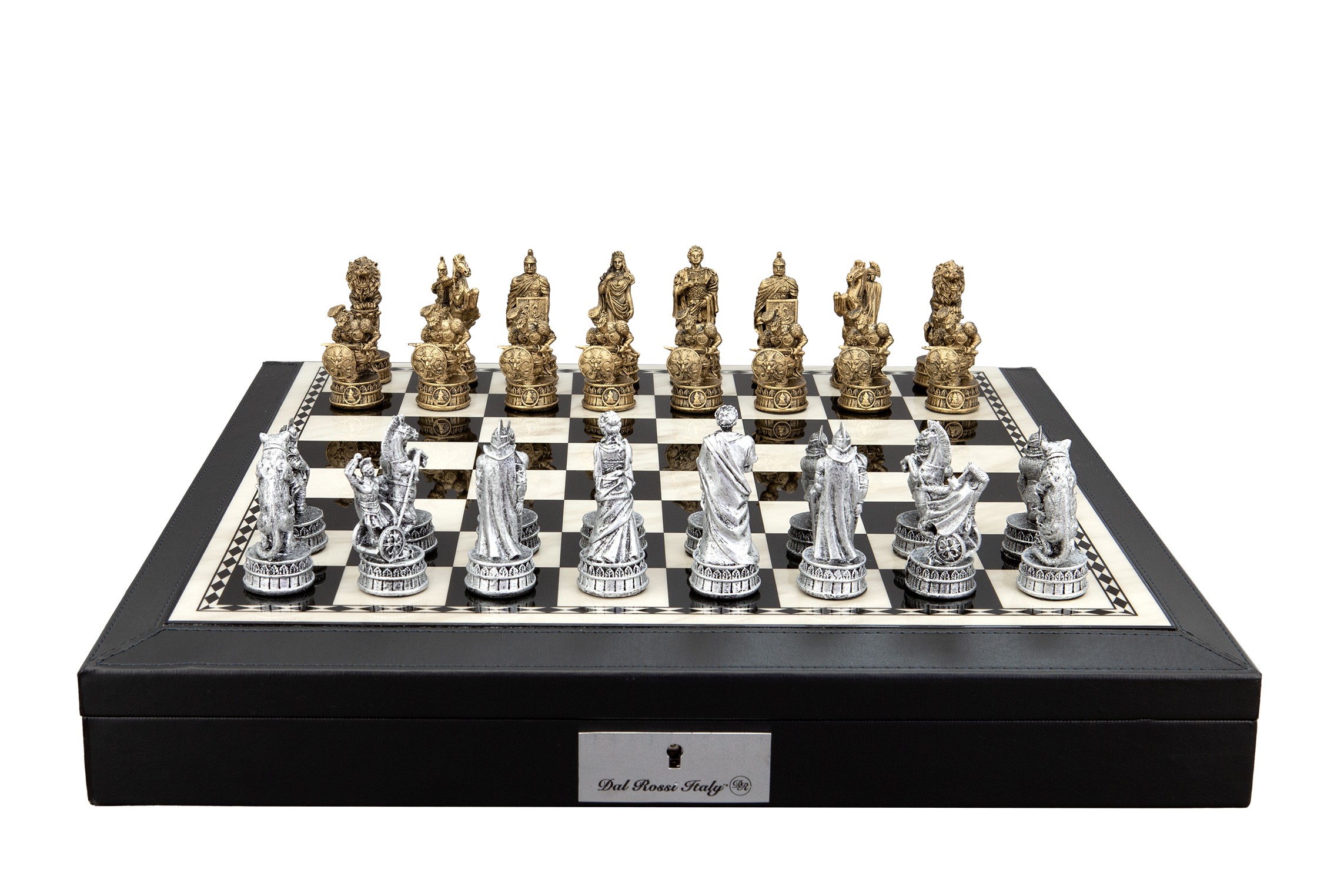 Dal Rossi Italy Roman Chessmen on a Black PU Leather Bevelled Edge chess box with compartments 18"