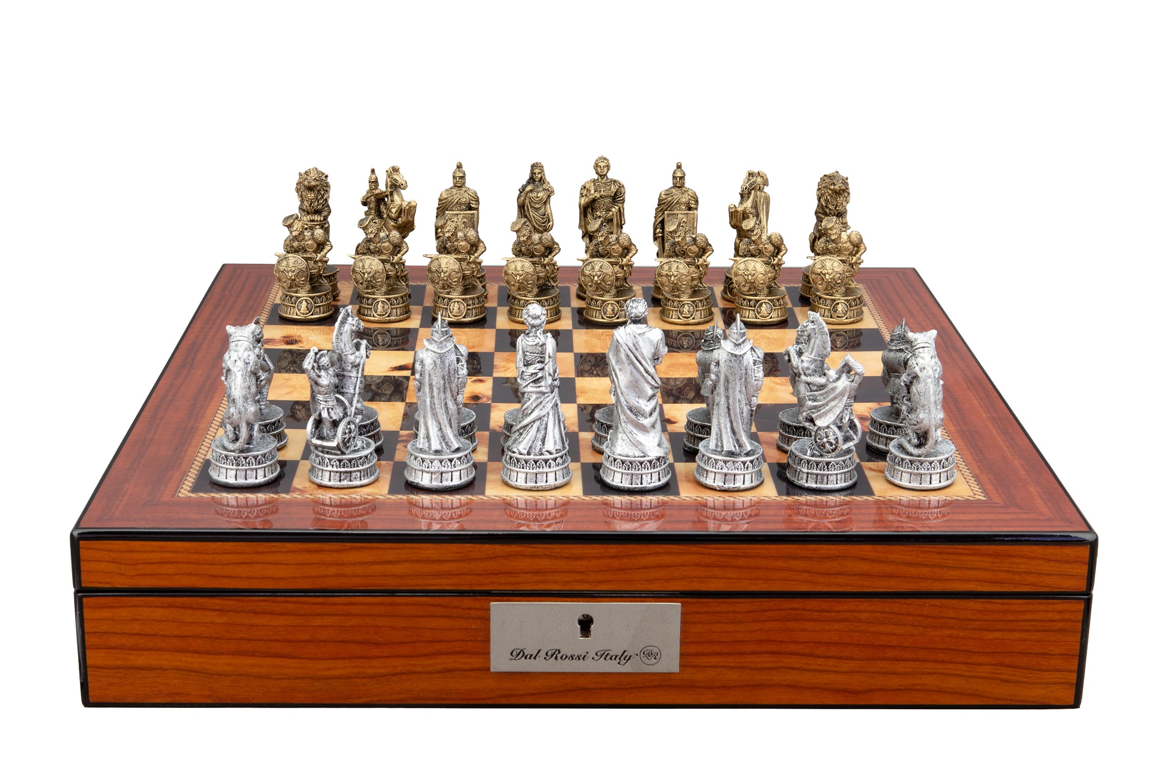 Dal Rossi Italy Roman Chessmen on a Walnut Finish Shiny Chess Box with Compartments 16"
