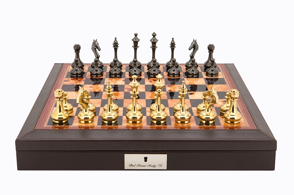 Dal Rossi Italy Brown PU Leather Bevilled Edge chess box with compartments 18" with Staunton Brass Titanium Cap Chessmen