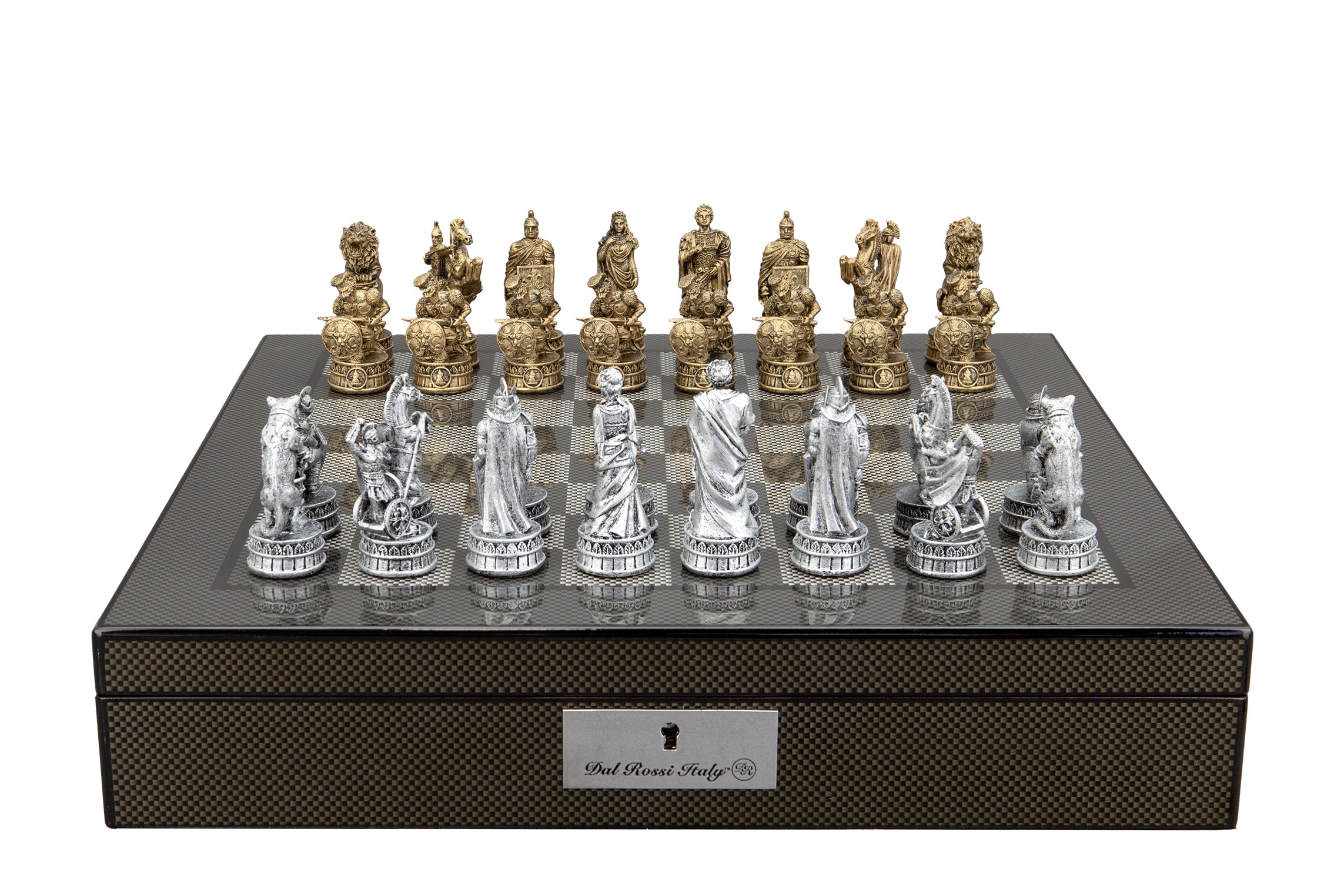 Dal Rossi Italy Roman Chessmen on a Carbon Fibre Finish Shiny Chess Box with Compartments 16"