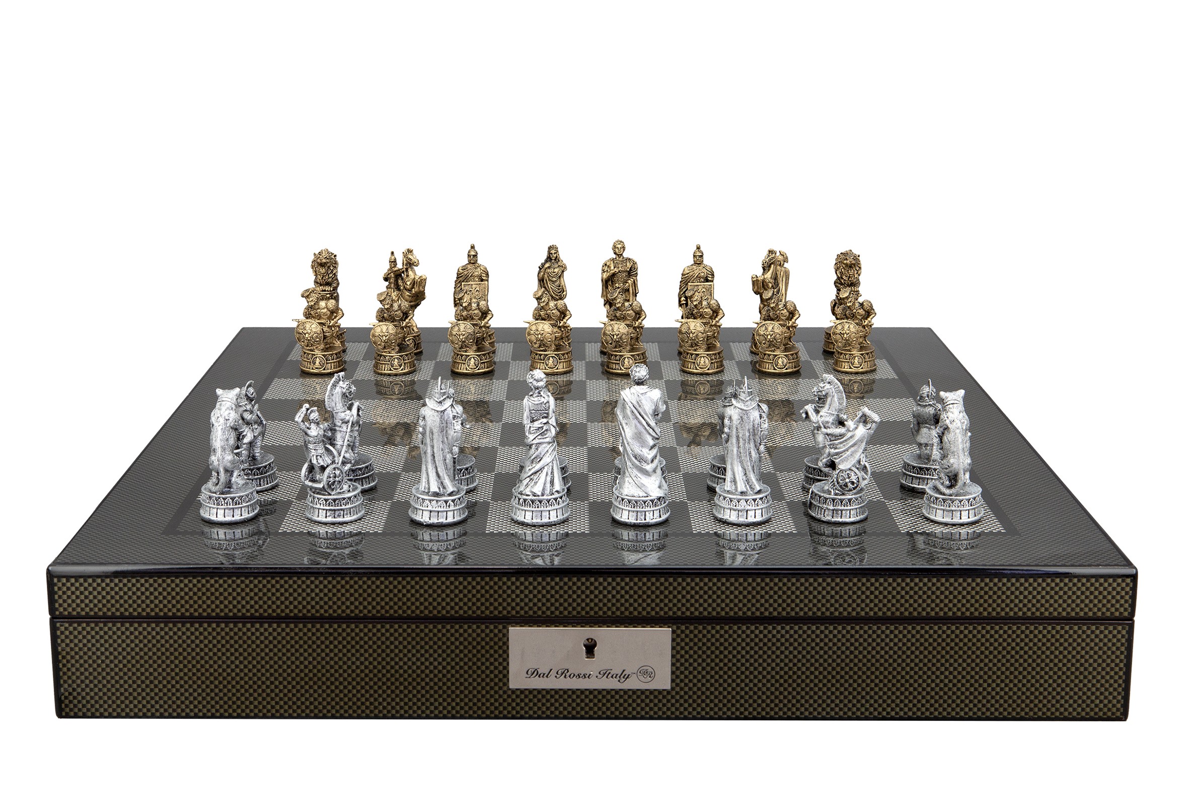Dal Rossi Italy Roman Chessmen on a Carbon Fibre Finish Shiny Chess Box with Compartments 20"