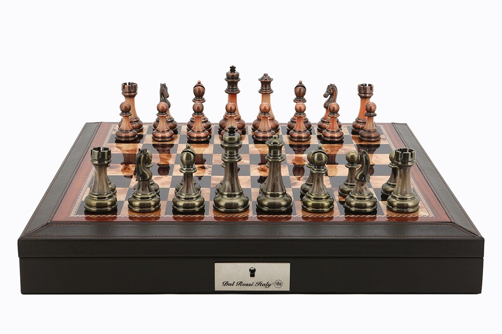Dal Rossi 16" Brown with PU Leather Edge with compartments with Antique Green and Copper Finish Chessmen