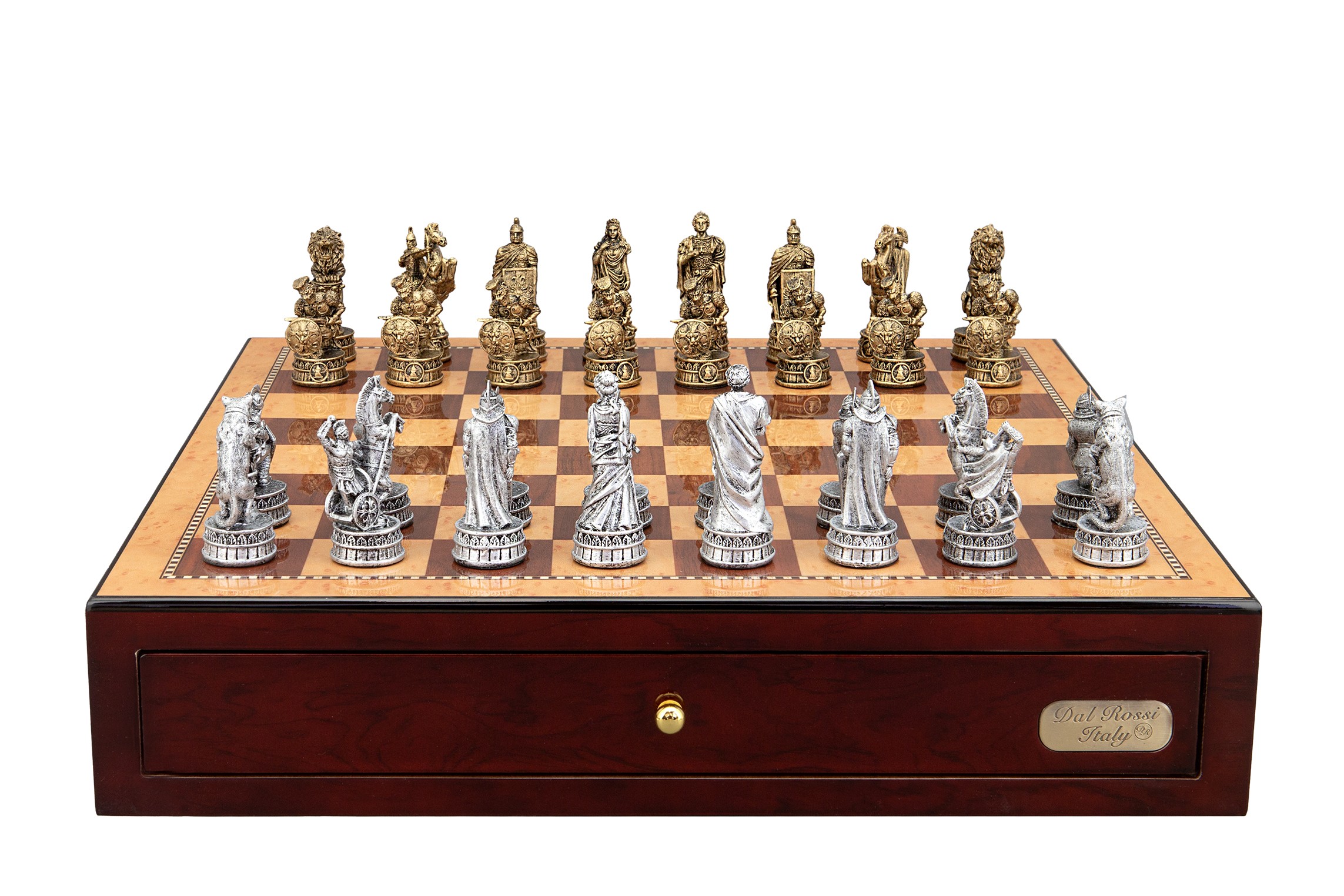 Dal Rossi Italy Roman Chessmen on a Shiny Mahogany Chess Box with two Drawers 18"
