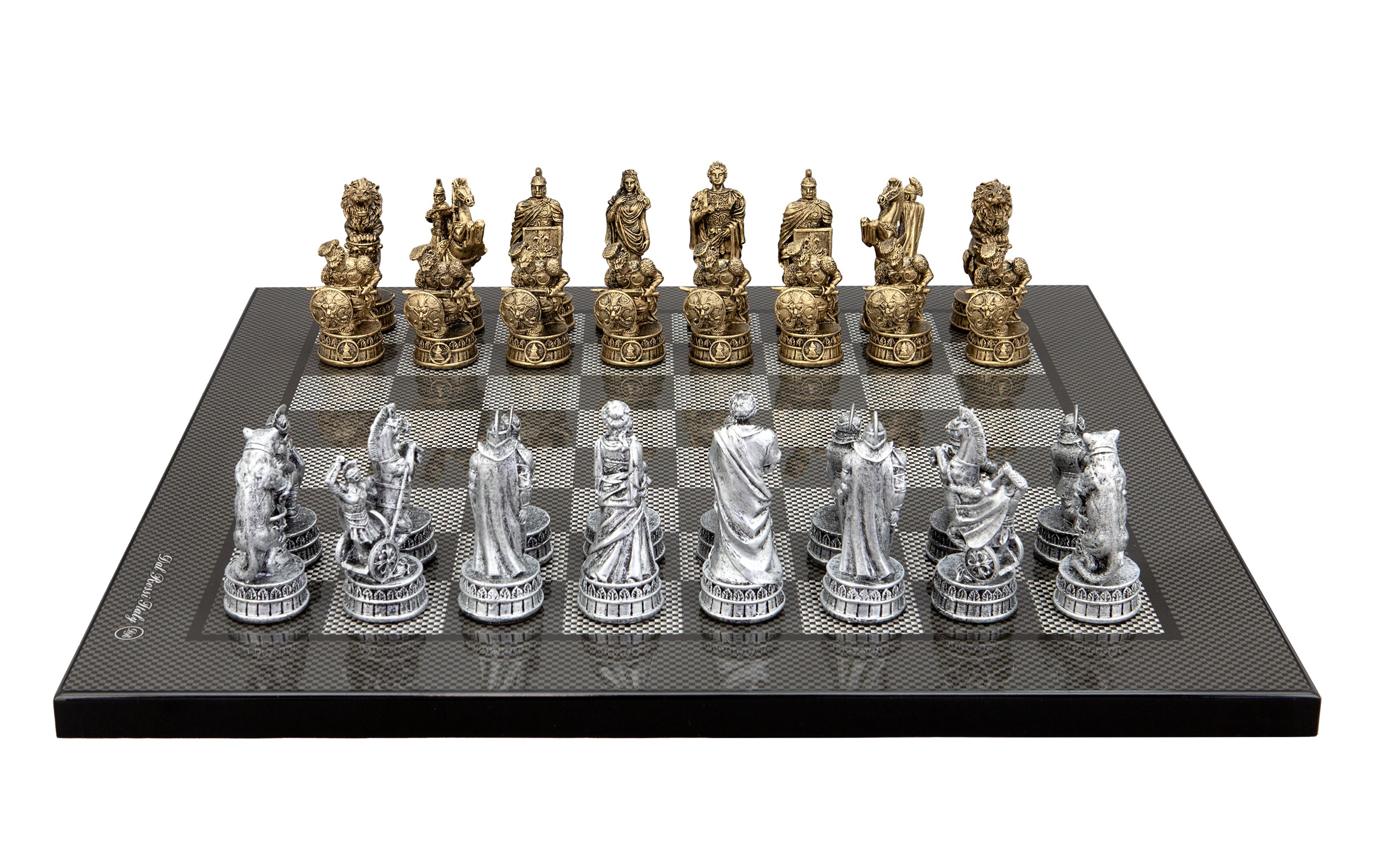 Dal Rossi Italy Roman Chessmen  on a Carbon Fbre Finish, 40cm Chess Board