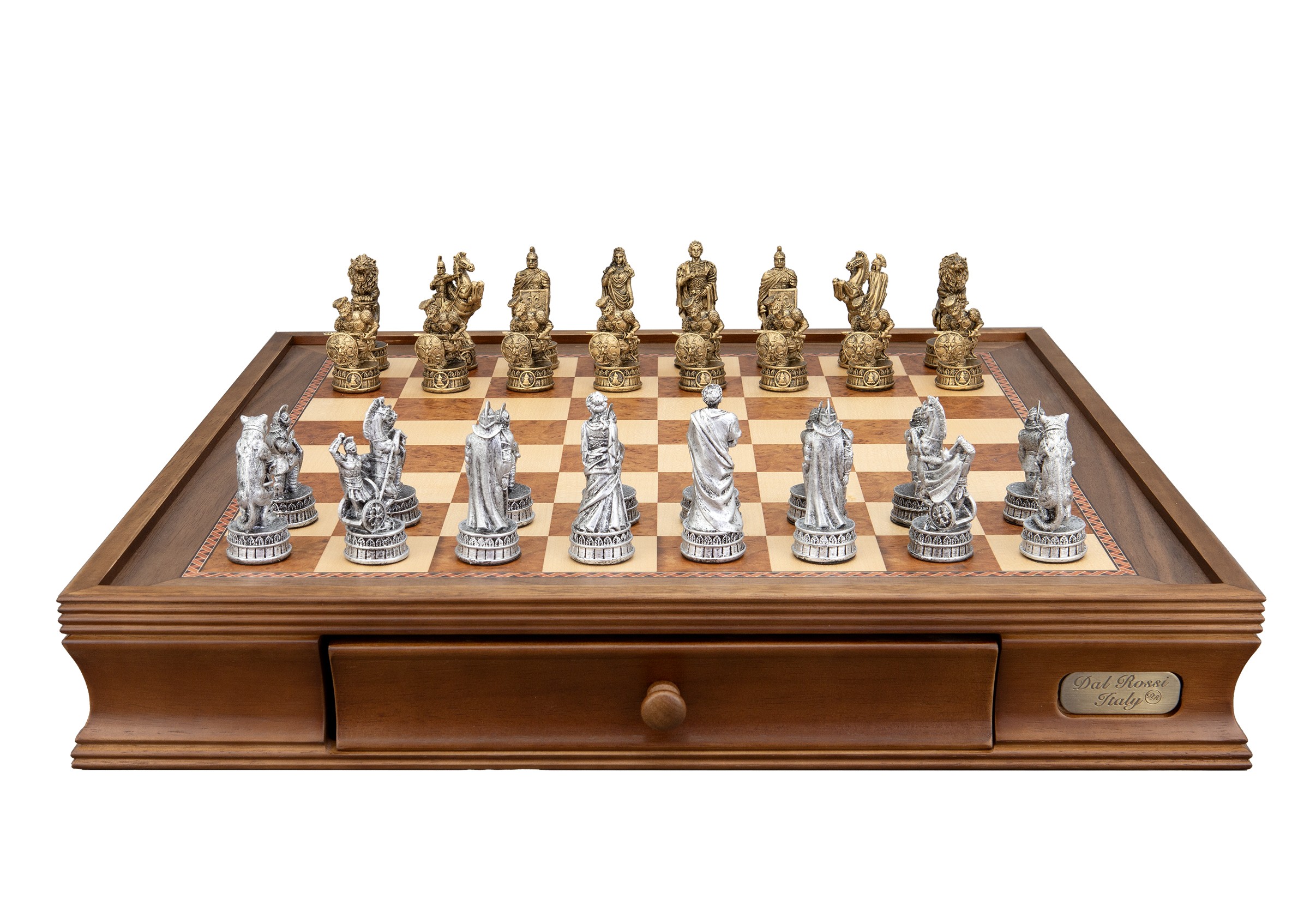 Dal Rossi Italy Roman Chessmen on a Walnut Chess Box with Drawers 20"