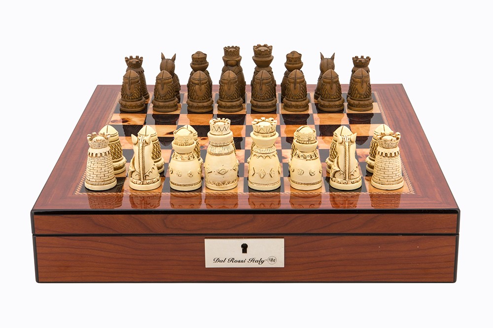 Dal Rossi Italy Walnut Finish chess box with lock & compartments 16” with Medieval Resin Chessmen