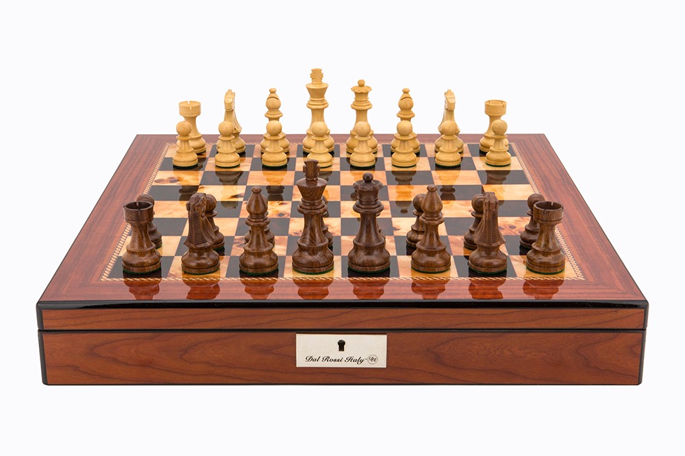 Dal Rossi Italy Staunton Wooden 95mm Chess Pieces on Walnut Shiny Finish Chess Box 20” with compartments