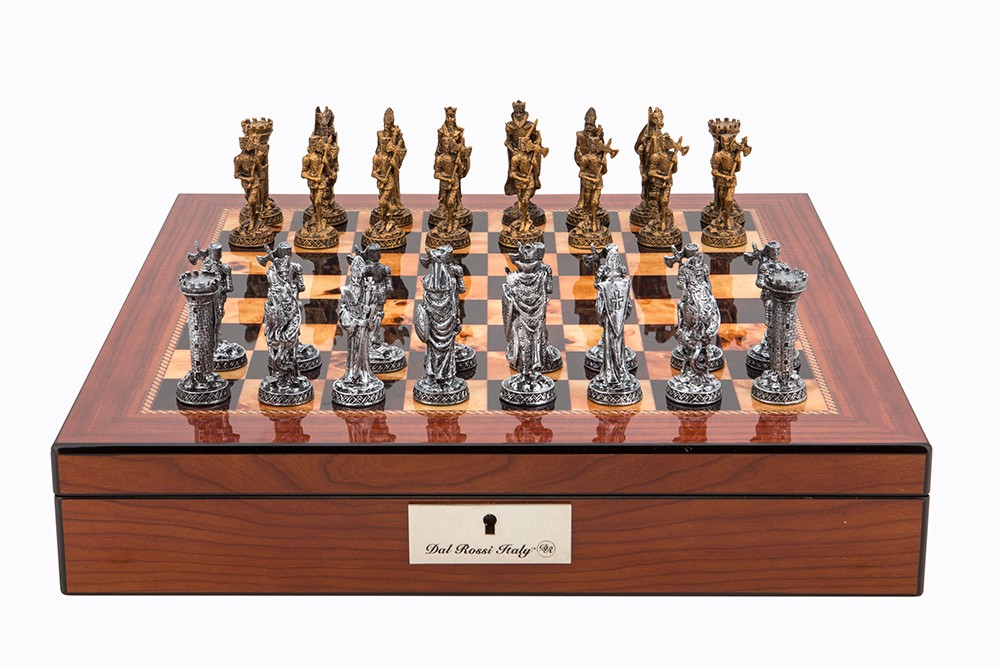 Dal Rossi Italy Walnut Finish chess box with lock & compartments 16” with Medieval Pewter Chessmen