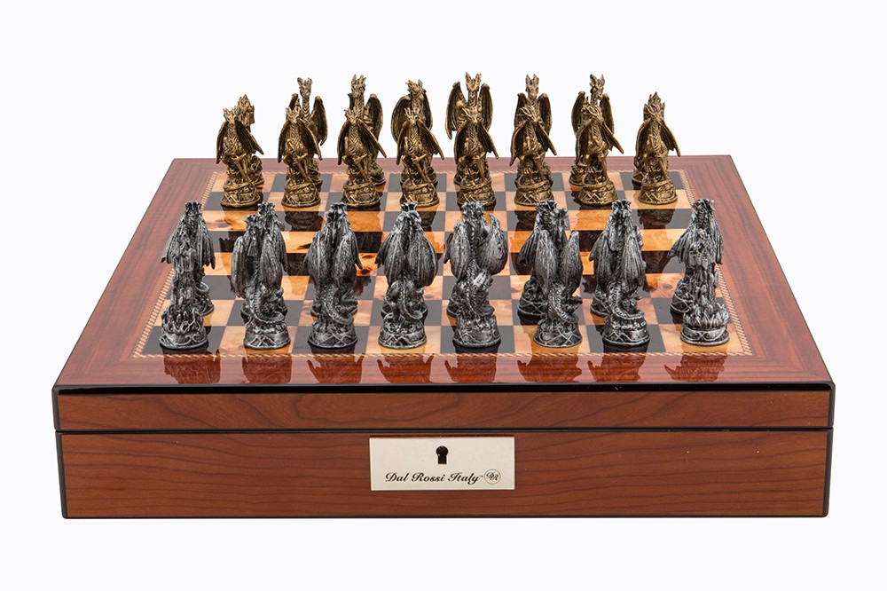 Dal Rossi Italy Walnut Finish chess box with lock & compartments 16” with Dragon Pewter Chessmen