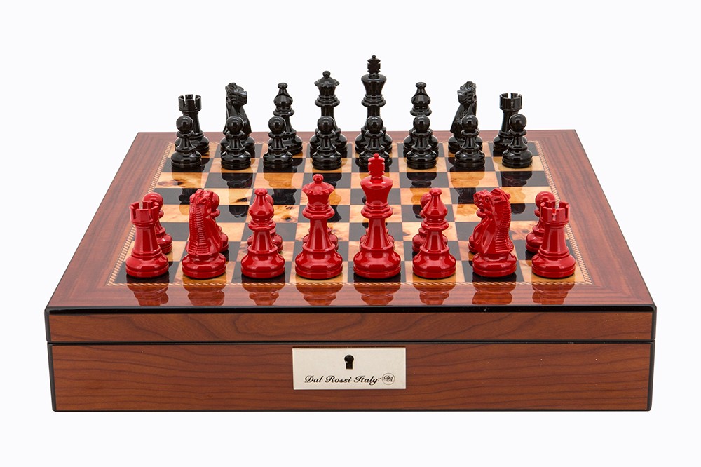 Dal Rossi Italy Walnut Finish chess box with lock & compartments 16” with French Lardy Black/Red 85mm Chessmen
