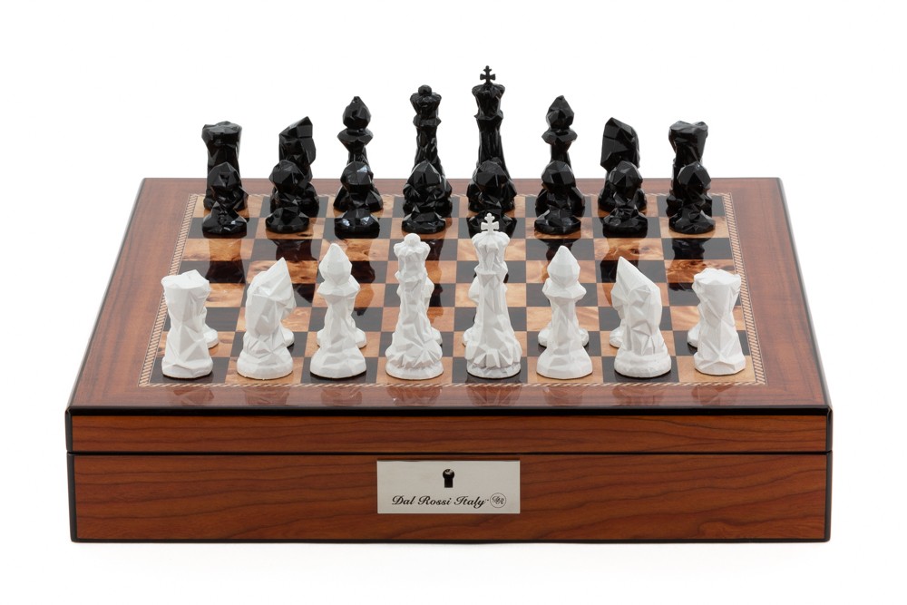 Dal Rossi Chess Set With Diamond-Cut Black & White 85mm Chessmen on Walnut Finish Chess Box 16” with compartments