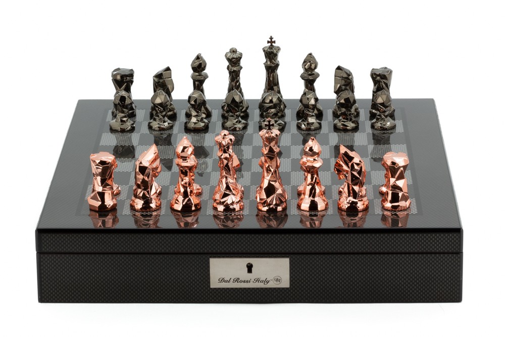 Dal Rossi Italy Chess Set with Diamond-Cut Copper & Bronze 85mm chessmen on a Carbon Fibre Shiny Finish Chess Box 16” with compartments
