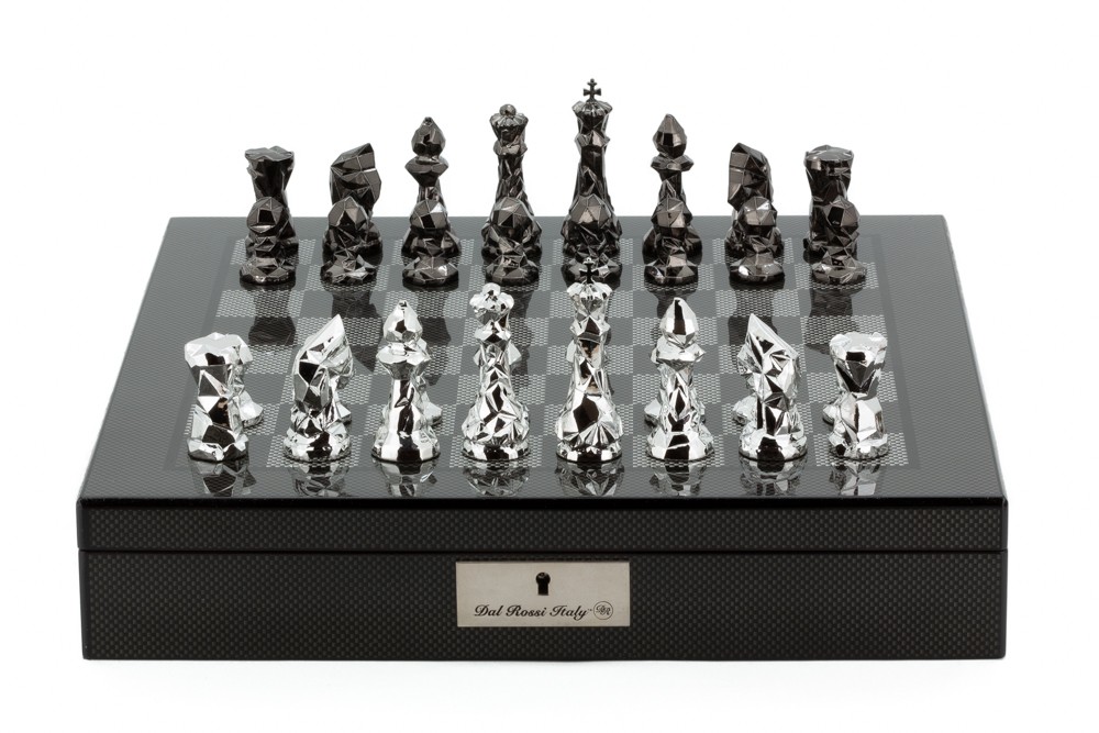 Dal Rossi Italy Chess Set with  Diamond-Cut Titanium & Silver 85mm chessmen on a Carbon Fibre Shiny Finish Chess Box 16” with compartments