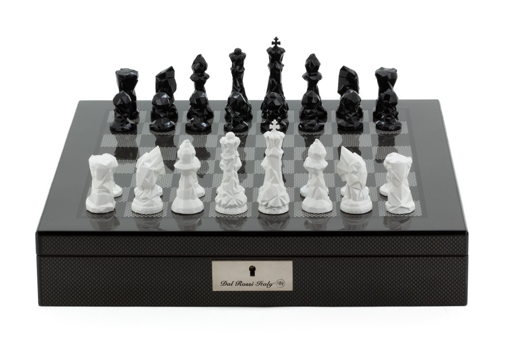 Dal Rossi Italy Chess Set with Diamond-Cut Black & White 85mm chessmen on a Carbon Fibre Shiny Finish Chess Box 16” with compartments