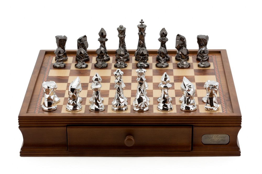 Dal Rossi Italy Chess Set with  Diamond-Cut Titanium & Silver 85mm chessmen on a Walnut Finish Chess Box 16” with drawers