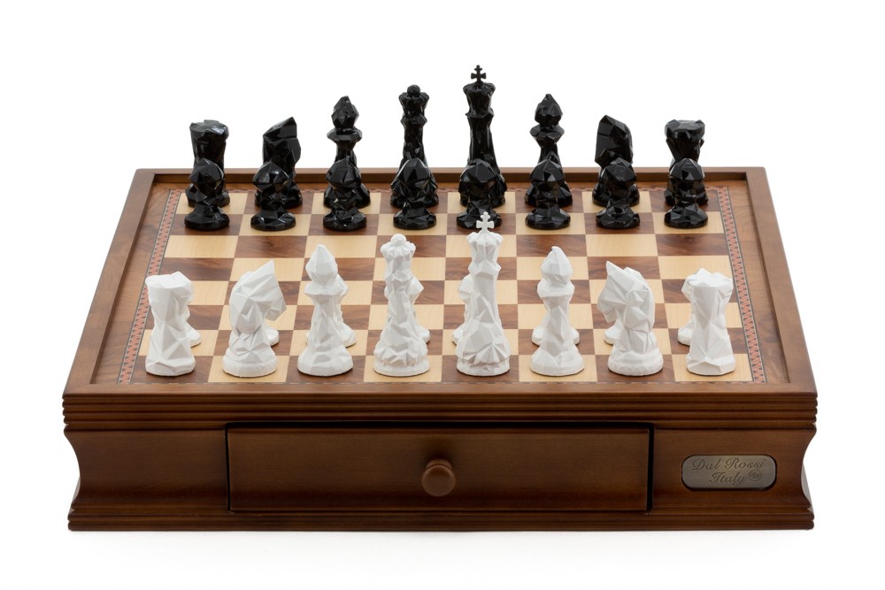 Dal Rossi Italy Chess Set with Diamond-Cut Black & White 85mm chessmen on a Walnut Finish Chess Box 16” with drawers