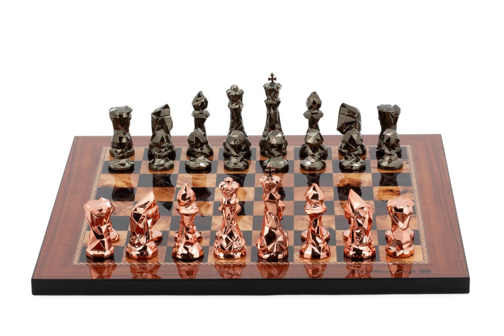 Dal Rossi Italy Chess Set with Diamond-Cut Copper & Bronze 85mm chessmen on a Walnut Shiny Finish Chess Board 16” 