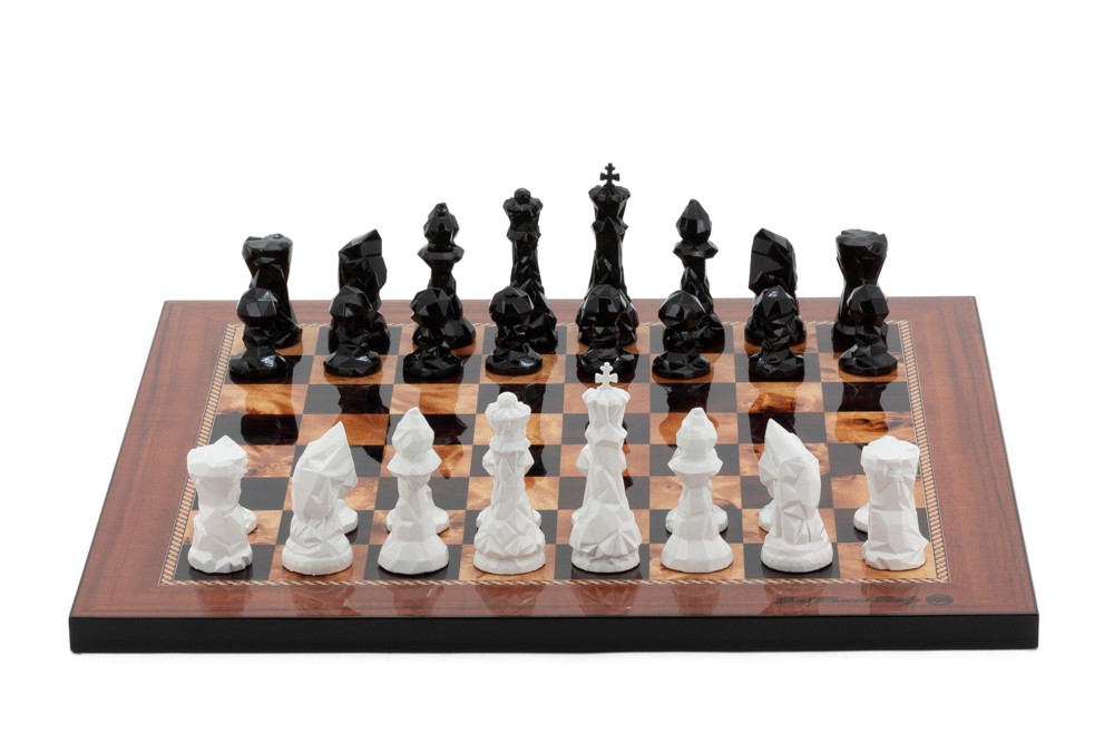 Dal Rossi Italy Chess Set with Diamond-Cut Black & White 85mm chessmen on a Walnut Shiny Finish Chess Board 16” 