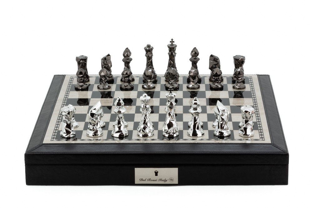 Dal Rossi Italy Black PU Leather Bevelled Edge chess box with compartments 18" with Diamond-Cut Titanium & Silver Finish Chessmen