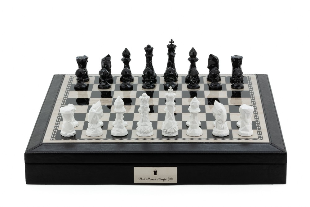 Dal Rossi Italy Black PU Leather Bevelled Edge chess box with compartments 18" with Diamond-Cut Black & White Finish Chessmen