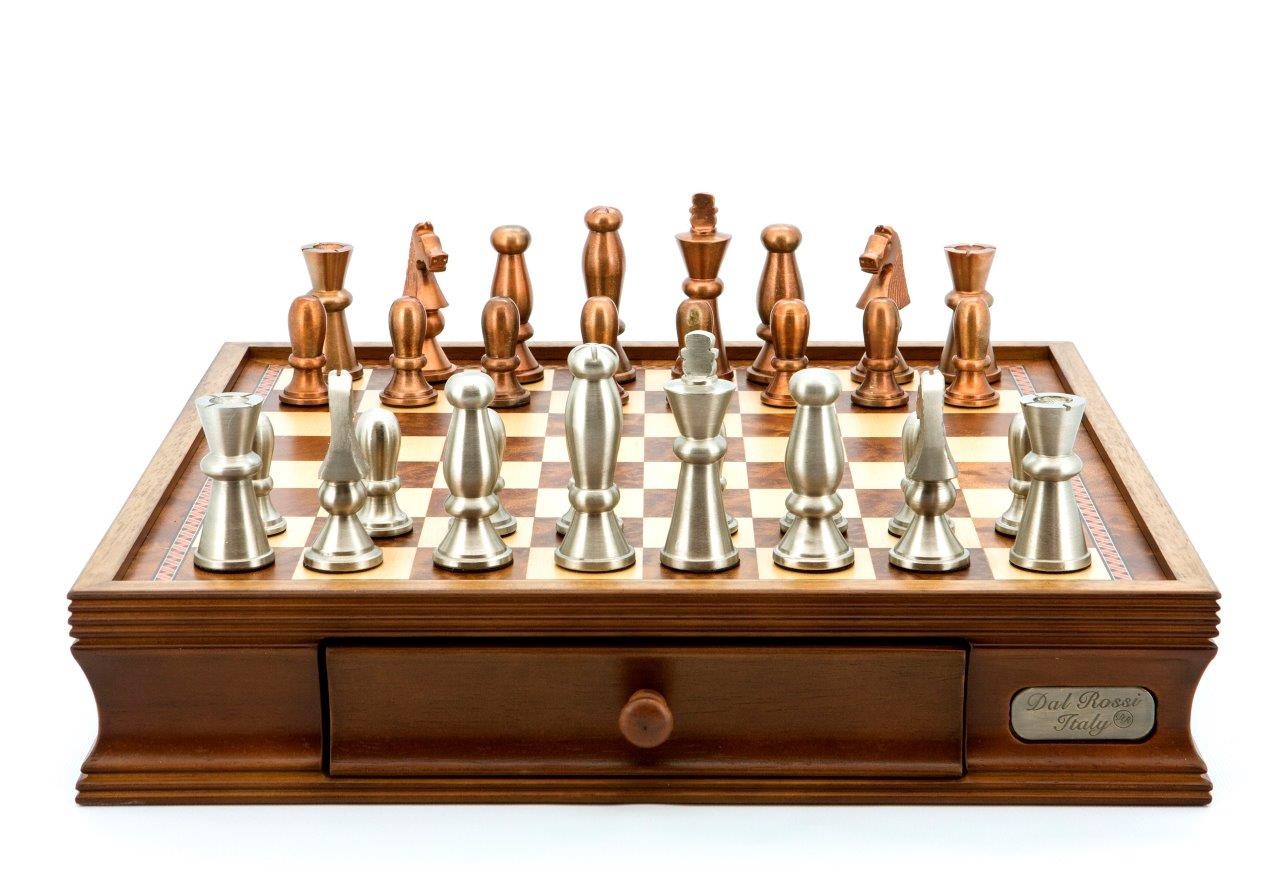 Dal Rossi Italy Chess Set Walnut Finish 16″ With Two Drawers, With Copper & Silver Weighted Metal Chess Pieces 85mm pieces