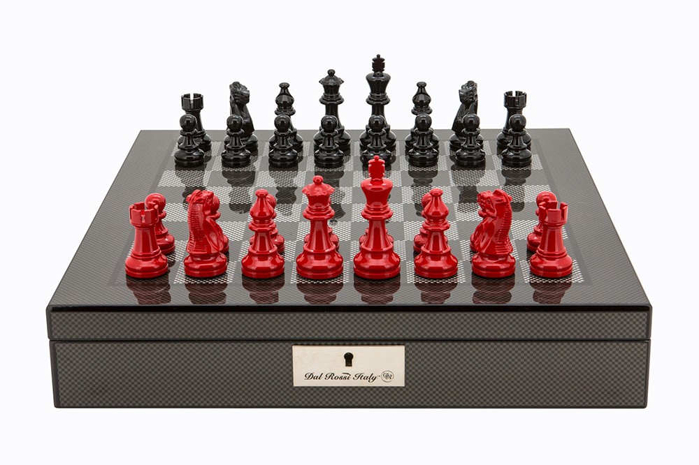 Dal Rossi Italy Carbon Fibre Shiny Finish chess box with compartments 16” With French Lardy Black/Red 85mm Chessmen