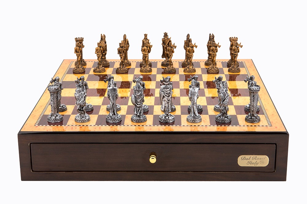Dal Rossi Italy Walnut Finish chess box with compartments 18" with Medieval Pewter Chessmen